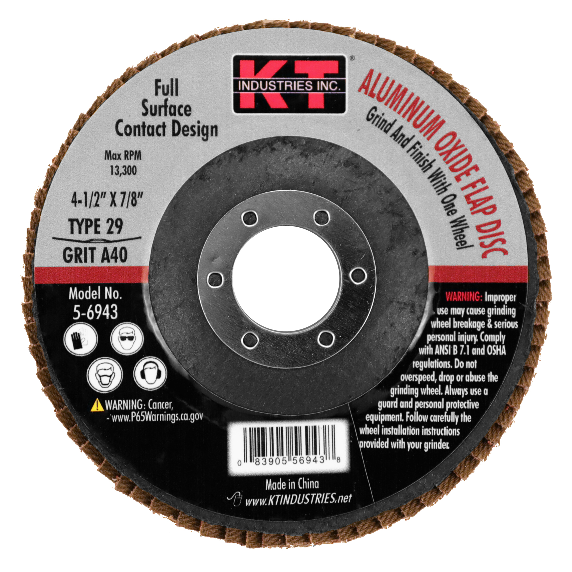 K-T Industries Flap Disc — 4 1/2in. x 7/8in., Type 29, 40 Grit, Model# 5-6943